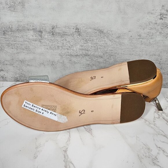 Yosi Samra Ankle Strap Flat Sandals‎ Zip Back Silver Gold Women 6M - Picture 7 of 9